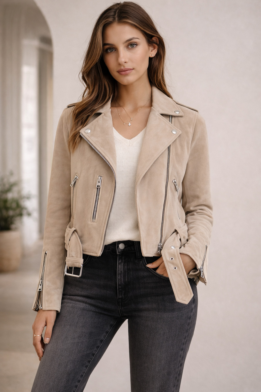 Allsaints Womens Suede Balfern Biker Jacket 2 Warm Taupe Quiet Luxury Western